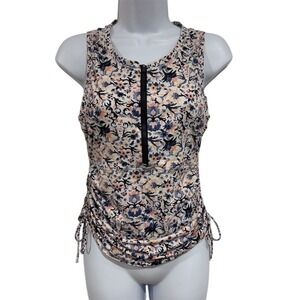 Athleta Womens XS Floral Ruched Rash Guard Swim Top Zip Front Vacation Beach